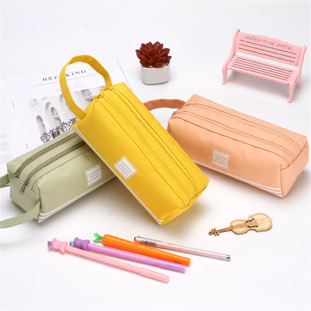 Fresh Color Multifunctional Large Pen Case Stationery Box Double Canvas Pencil Bag