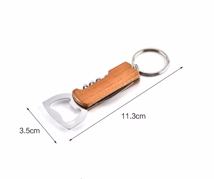 Creative 3 in 1 Keychain Beer Bottle Opener Stainless Steel Multifunctional Wood Handle Screw Corkscrew Wine Bottle Opener