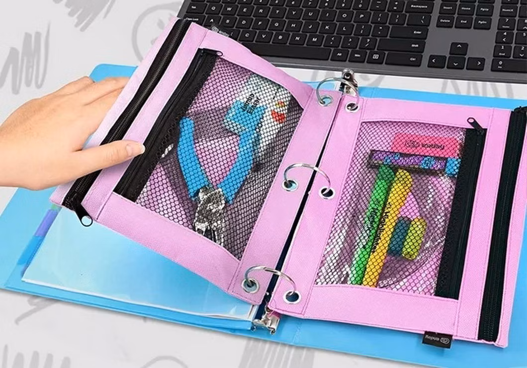 Pencil Pouch 3 Ring Binder Pouch W/ Rivet Enforced Rings Holes
