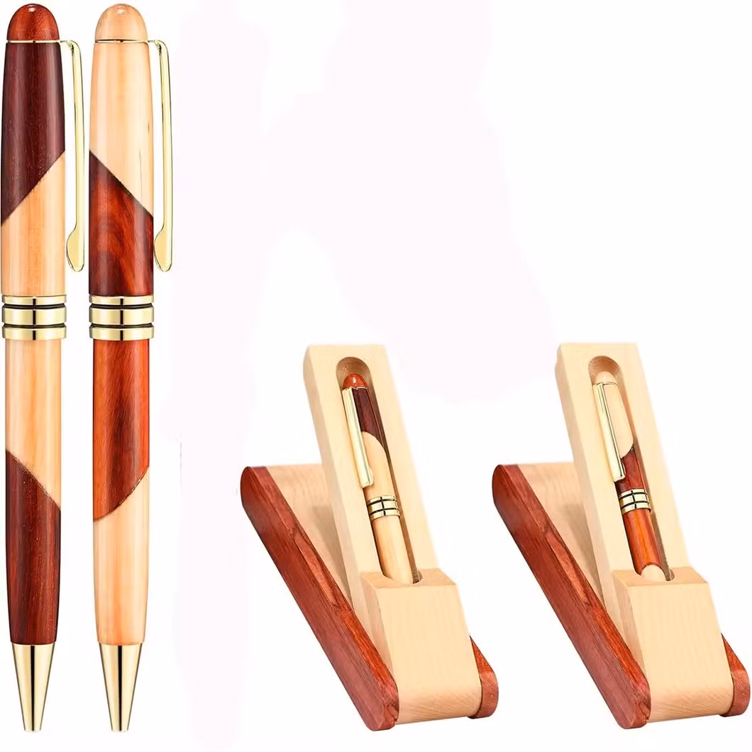 Classical Luxury Maple Wooden Ballpoint Pen with Wood Package Box Foldable Bamboo Ink Pen in Pencil Cases