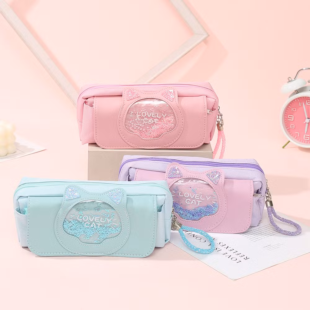 Kids Stationery Bag Cute Kawaii Cat Canvas PU Leather Pencil Case for Girls