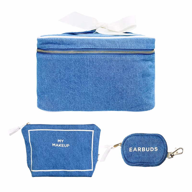 Customized Multi Color Logo Large Space Zipper Handle Denim Cosmetic Bag