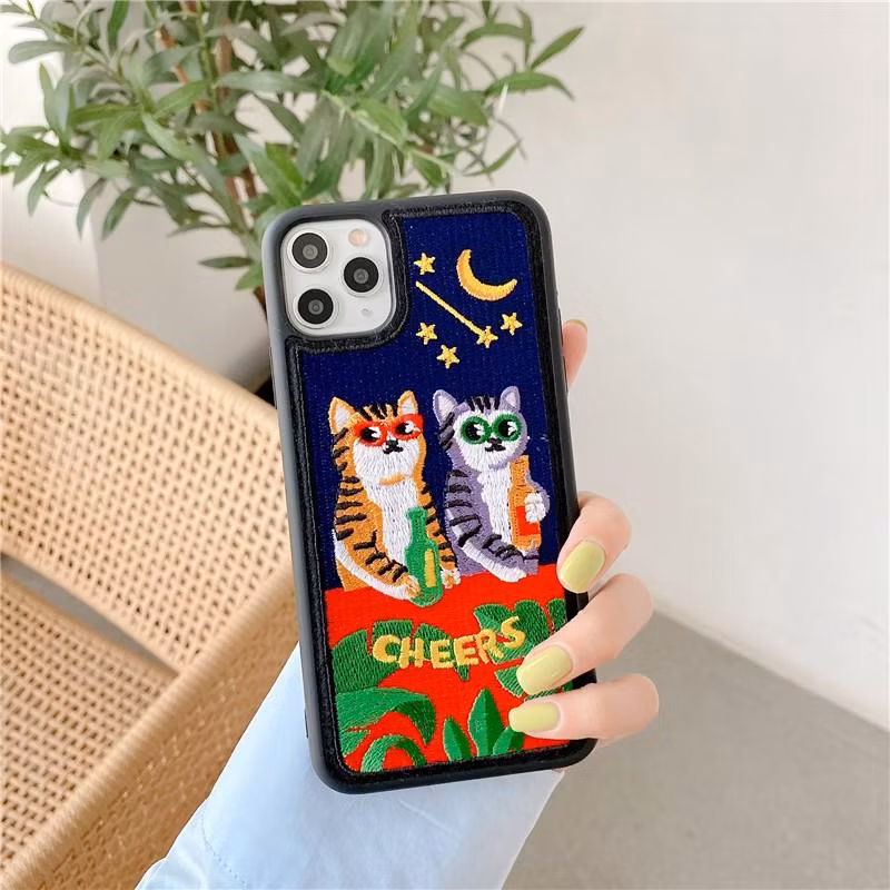 Cute Animal Embroidery Leather Hand Make Leather Mobile Phone Case