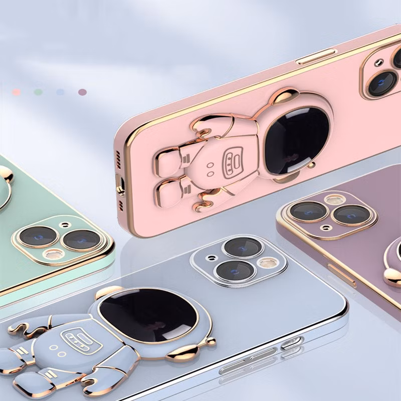 Factory Wholesale Plated Glossy Mobile Phone Case Cover for iPhone 14 with Astronaut Stand Accessories