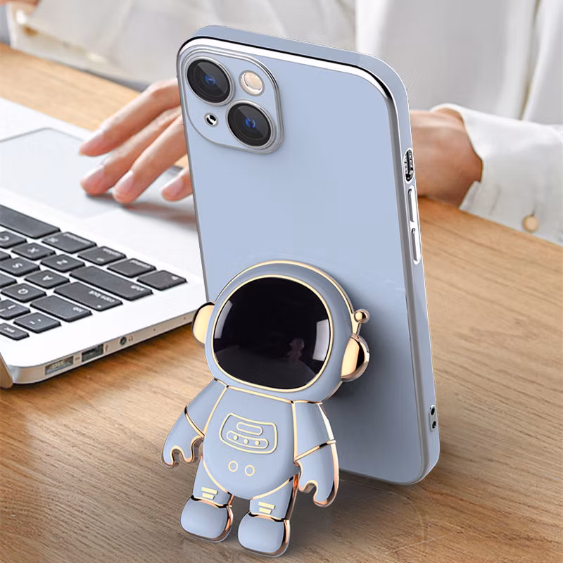 Factory Wholesale Plated Glossy Mobile Phone Case Cover for iPhone 14 with Astronaut Stand Accessories