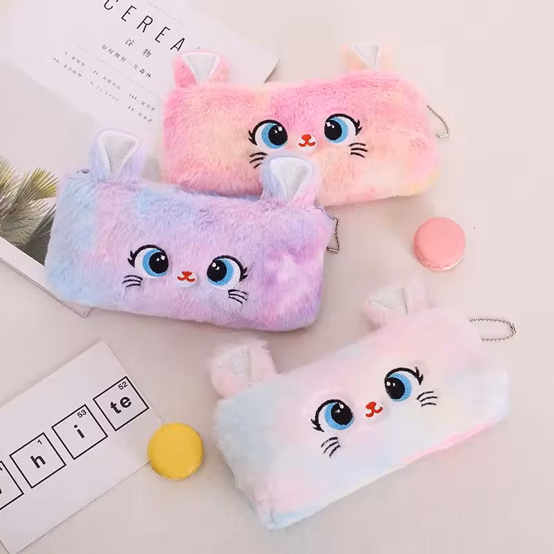 Kawaii Plush Cat Pencil Case for Kids Zipper Large Capacity Pencil Organizer