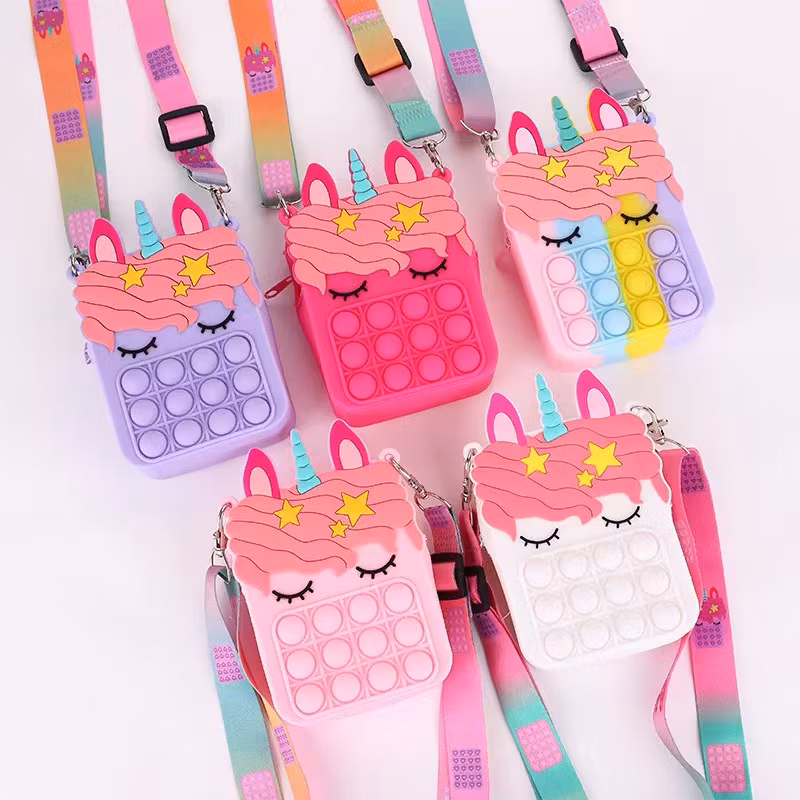 New Decompression Unicorn Poppet Fidget Cosmetic Messenger Bag for Puzzle Bubble Silicone Pen Case Pops up Fidget Popper Pencil Case Unicorn Shoulder Bags