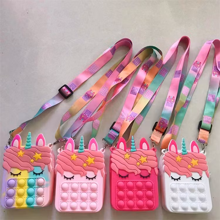 New Decompression Unicorn Poppet Fidget Cosmetic Messenger Bag for Puzzle Bubble Silicone Pen Case Pops up Fidget Popper Pencil Case Unicorn Shoulder Bags
