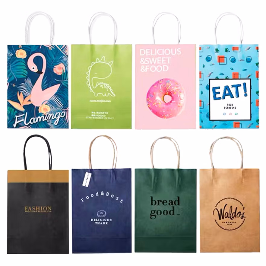 Custom Logo Print Recycled Brown White Kraft Shopping Food Packaging Paper Bag Handles with Your Own Logo