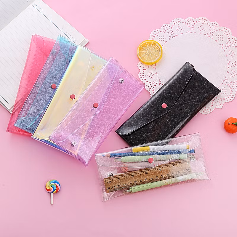 Creative Style Casual Laser Transparent Leather Pencil Case Portable Foldable Snap Button Stationery Storage Bag
