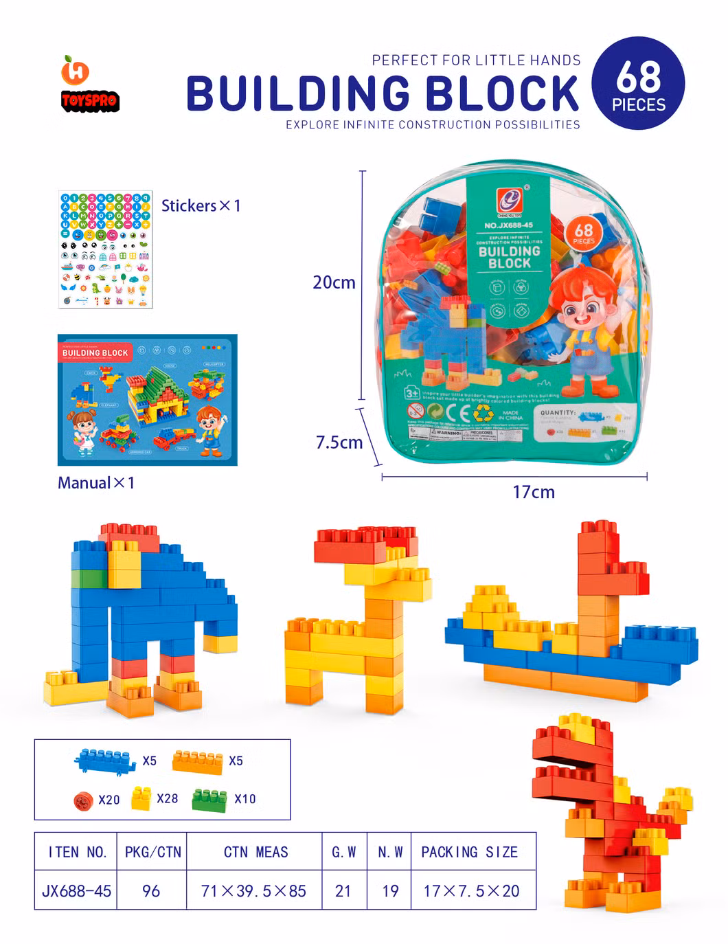 68PCS Creative Building Blocks Toys for Kids Boys Girls (Multicolored)