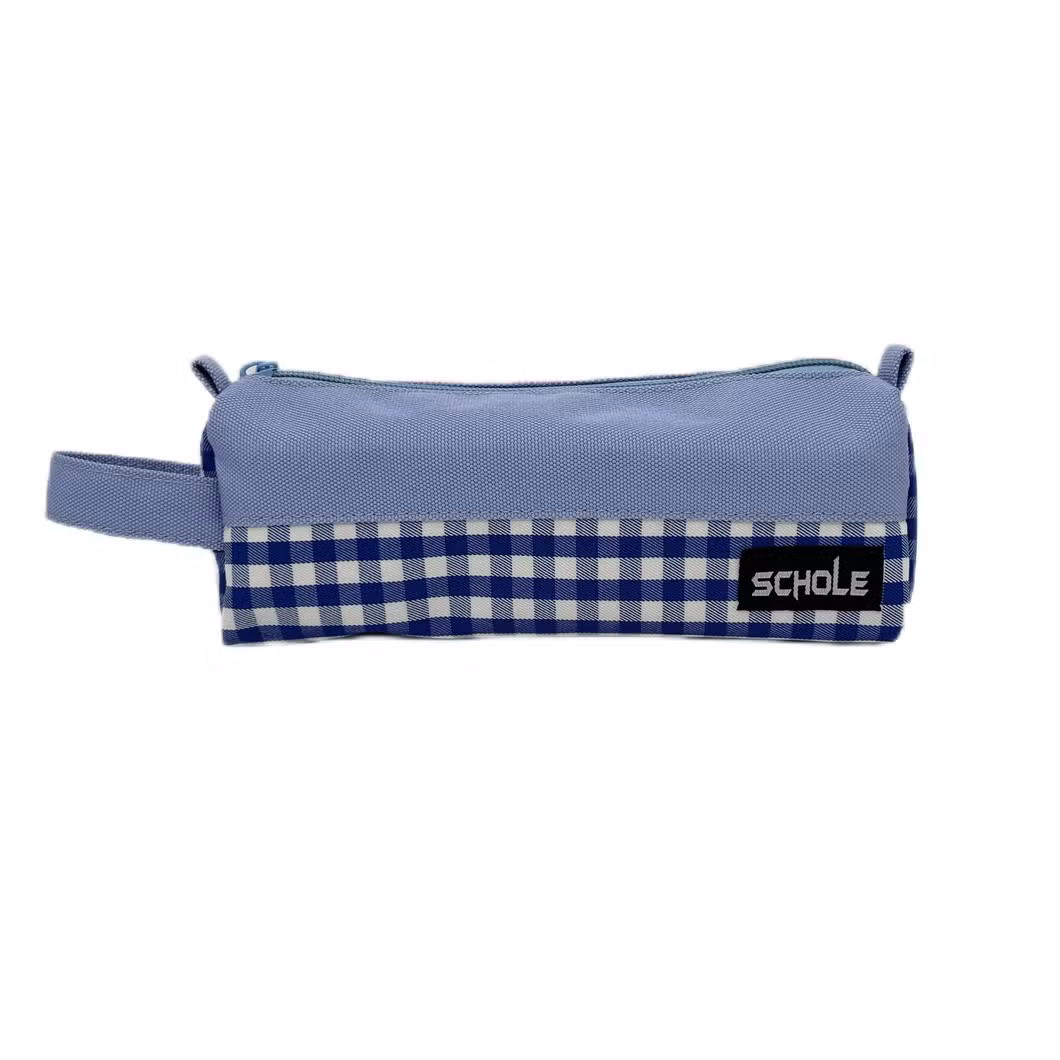 Plaid Stitching Large Capacity Pencil Case with Handle Suit Make up Bag
