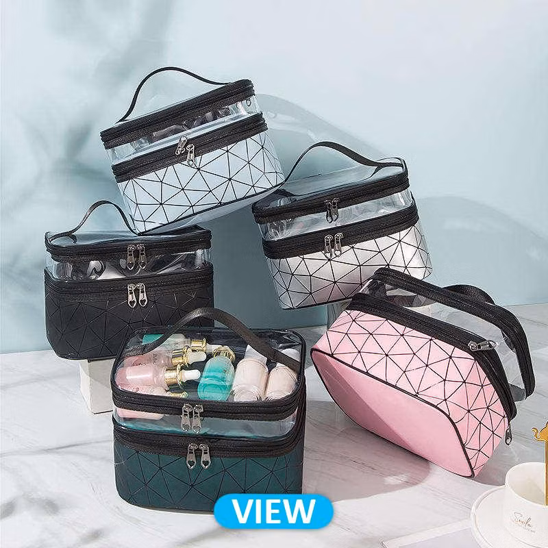 Letter Patch Clear Bag Preppy Multi-Purpose Large Travel PVC&Nylon Clear Makeup Toiletry Storage Zipper Pouch Bag with Handles