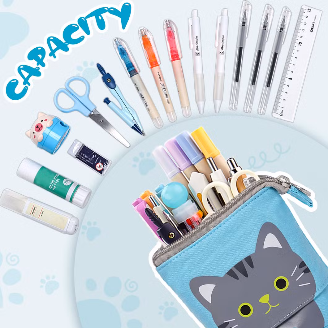Standing Pencil Case for Boy, Cartoon, Boba Cat Pop up Pencil Case Cute Telescopic Pen Pouch Holder Canvas Zip Kawaii, Kids Students (Blue cat)