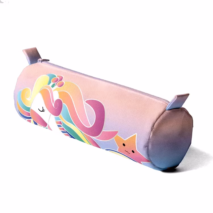 Cute Widely Used Custom Canvas Cover with Fast Food Design Pencil Pouch Bag Kids Cylinder Shaped Round Pencil Case