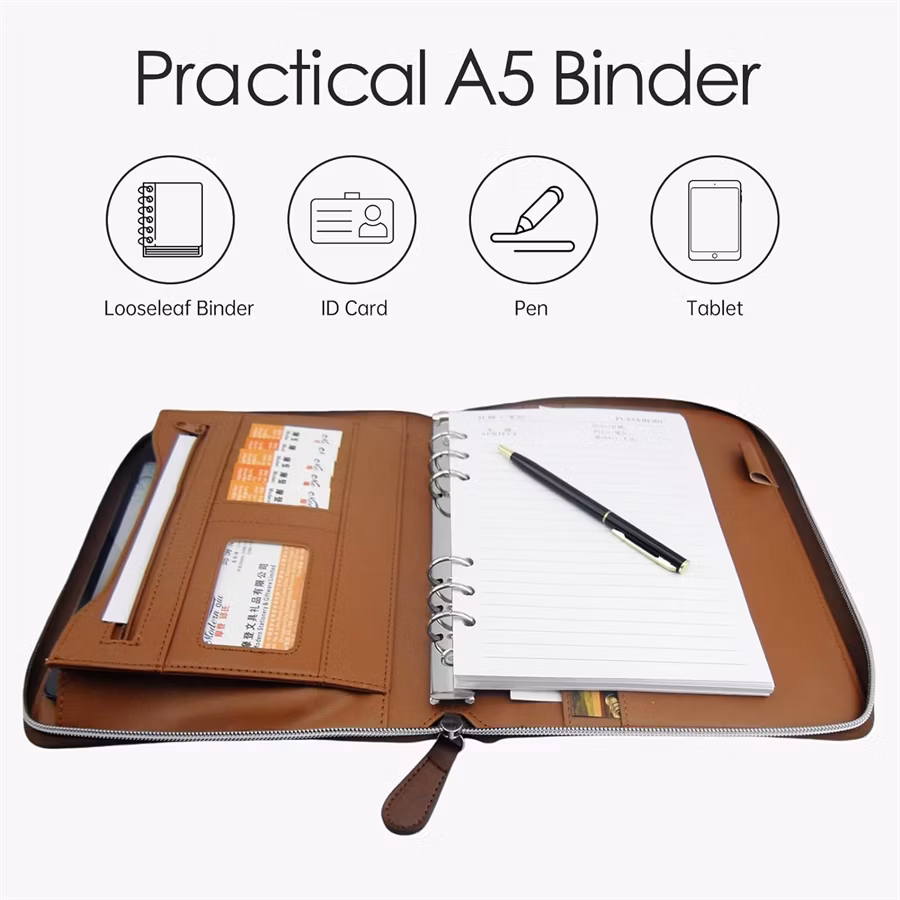 Zippered Business Leather Notebook Document Organizer Holder A5 Binder Portfolio with 6-Ring