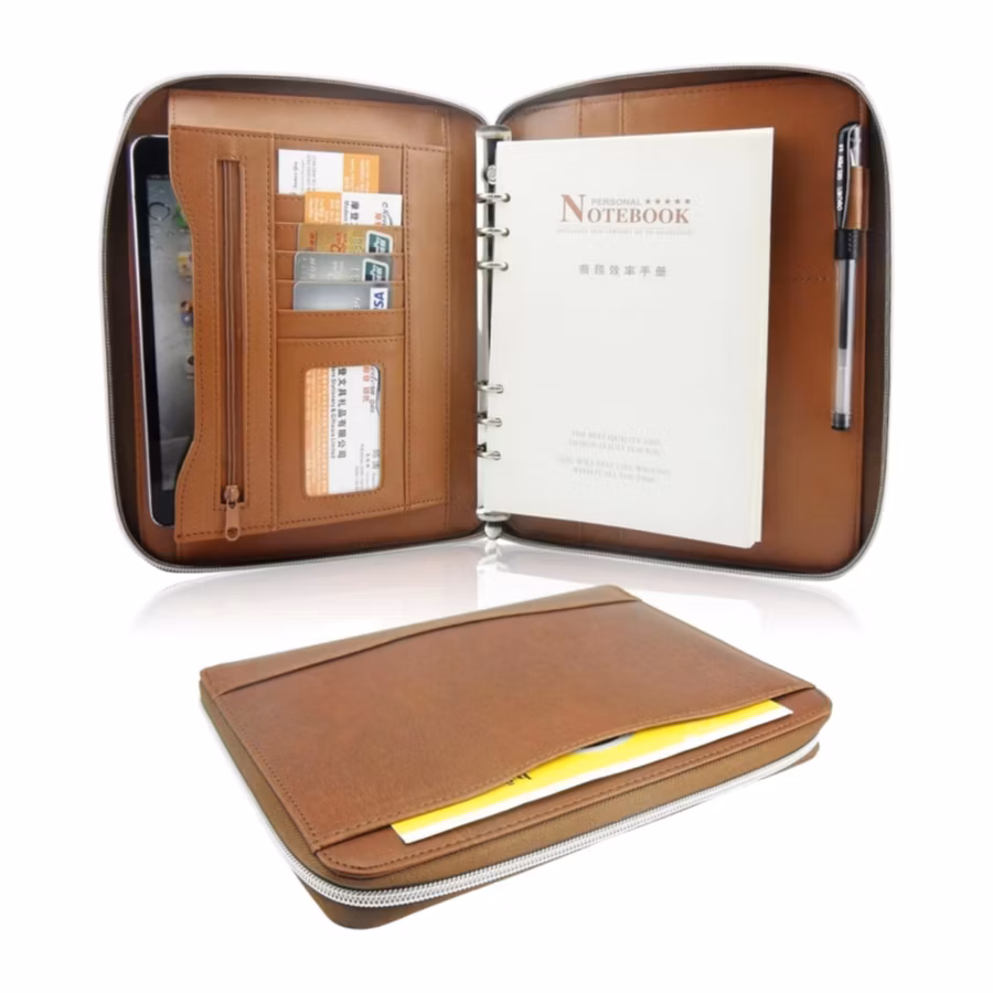 Zippered Business Leather Notebook Document Organizer Holder A5 Binder Portfolio with 6-Ring