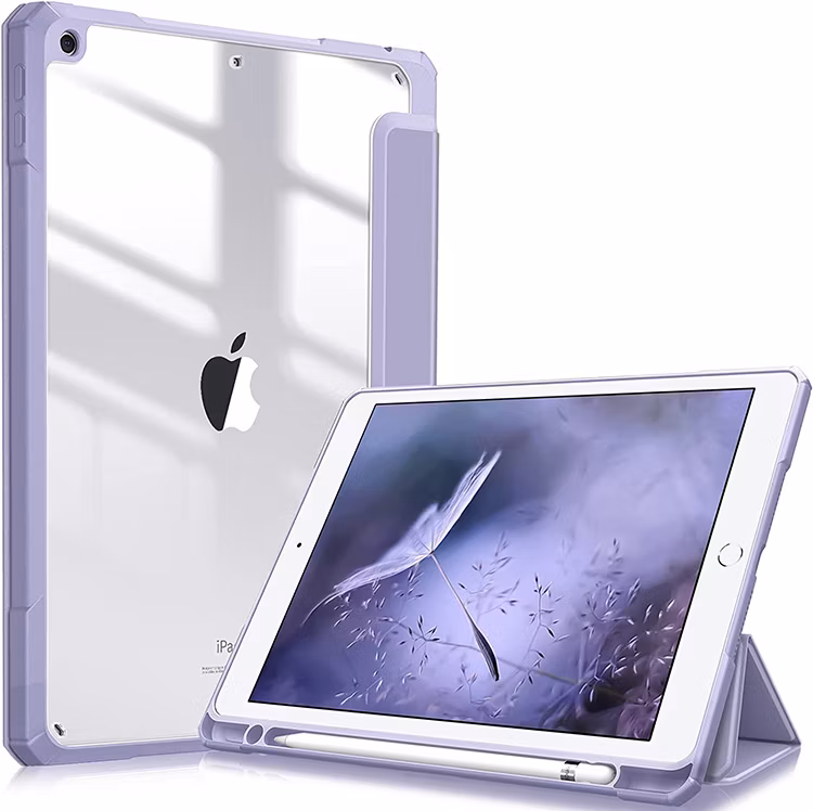 Shockproof Clear Back Shell Built-in Pencil Holder Tablet Case for iPad 9th/8th/7th Generation 2021/2020/2018 10.2 Inch