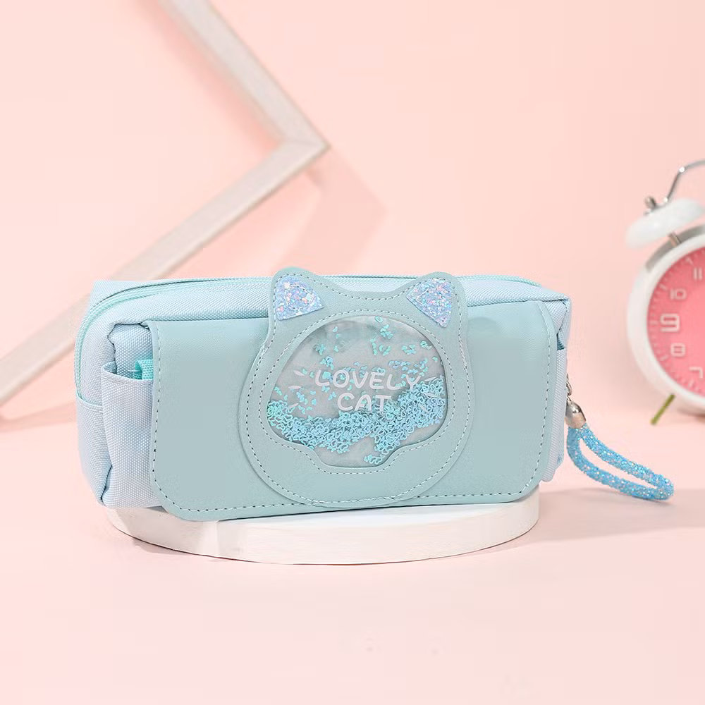 Kids Stationery Bag Cute Kawaii Cat Canvas PU Leather Pencil Case for Girls