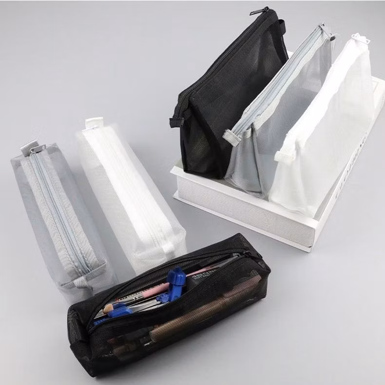 Large Capacity Black Mesh Zipper Multi Functional Pencil Pen Pouch Bag