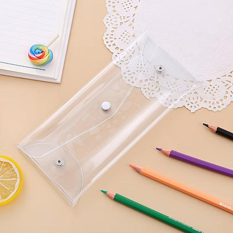 Creative Style Casual Laser Transparent Leather Pencil Case Portable Foldable Snap Button Stationery Storage Bag