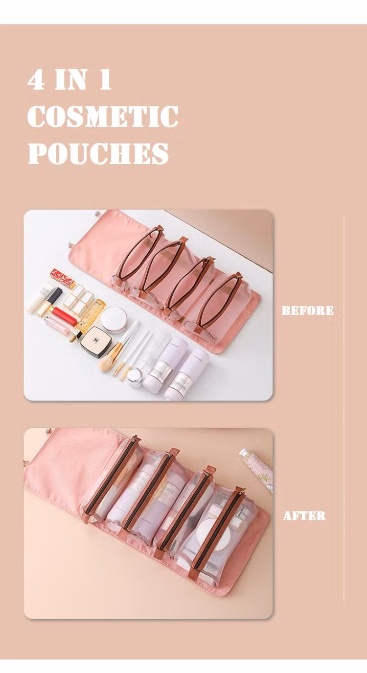 Custom 4 in 1 Roll up Zipper Cosmetic Makeup Make up Toiletry Travel Skincare Pencil Pouch Bag
