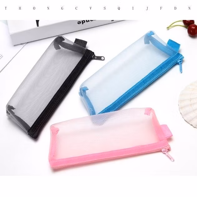 Large Capacity Black Mesh Zipper Multi Functional Pencil Pen Pouch Bag