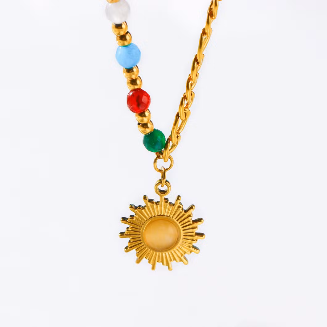 Stainless Steel Sun Pendant Encrusted Opal Gold Plated Multicolored Beaded Necklace