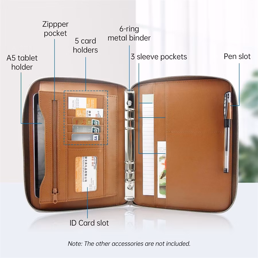 Zippered Business Leather Notebook Document Organizer Holder A5 Binder Portfolio with 6-Ring