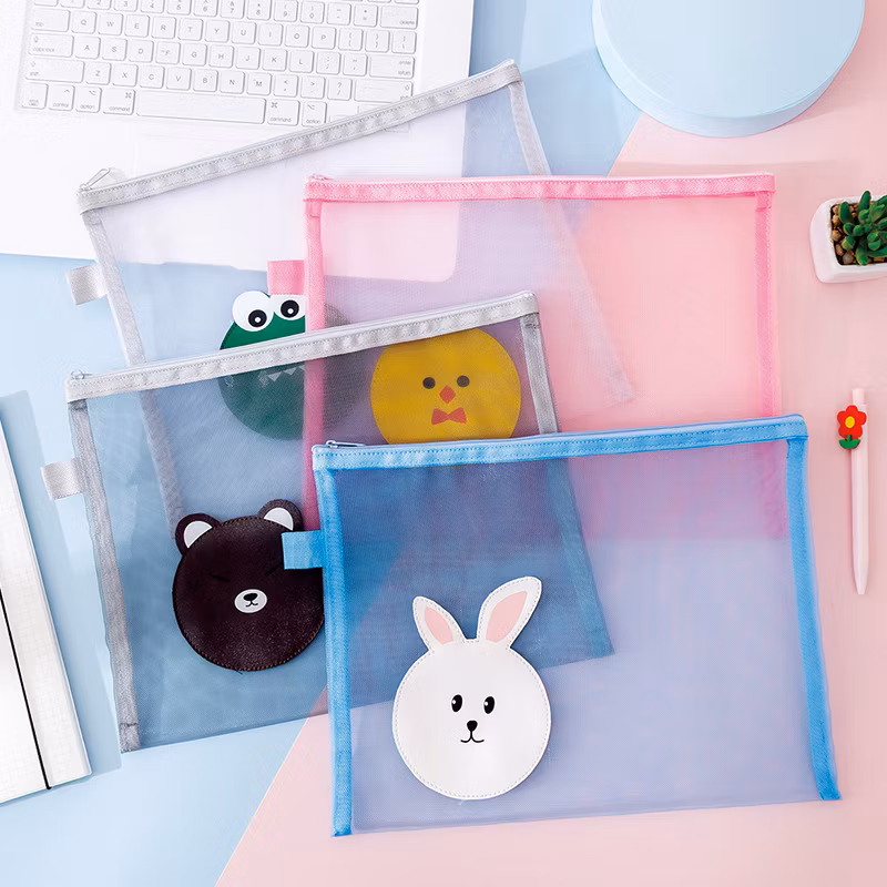 A4 Transparent Mesh File Bag Multifunctional Office Data Folder Student Cartoon Zipper Pencil Case