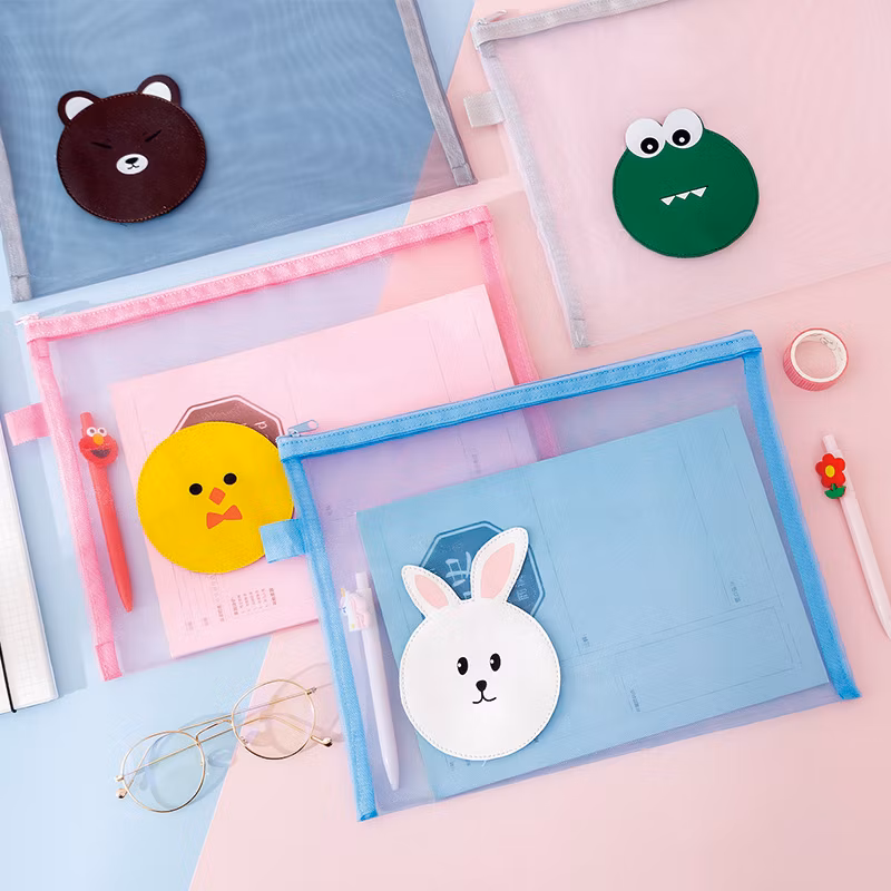 A4 Transparent Mesh File Bag Multifunctional Office Data Folder Student Cartoon Zipper Pencil Case
