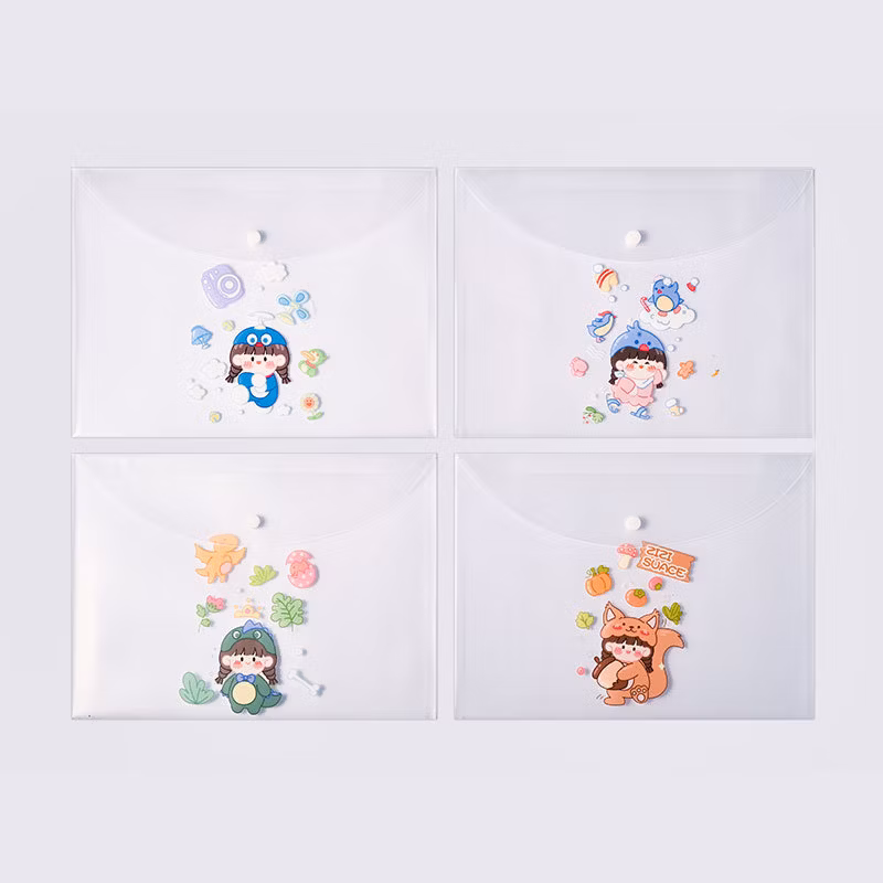 New Snap Button Translucent File Bag Kawaii Cute Storage File Bag Custom PVC Folder Pencil Case Bag
