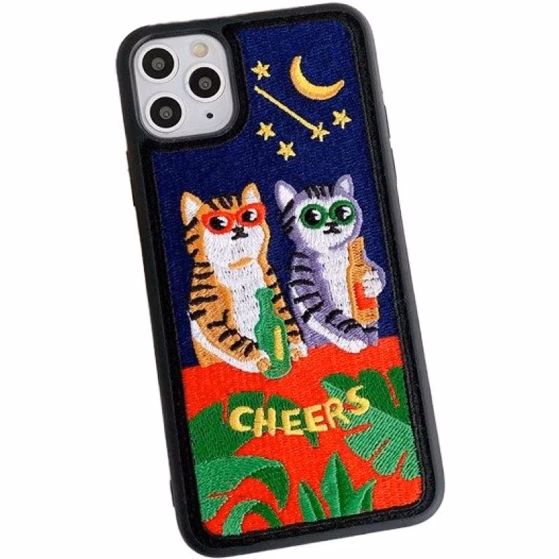 Cute Animal Embroidery Leather Hand Make Leather Mobile Phone Case