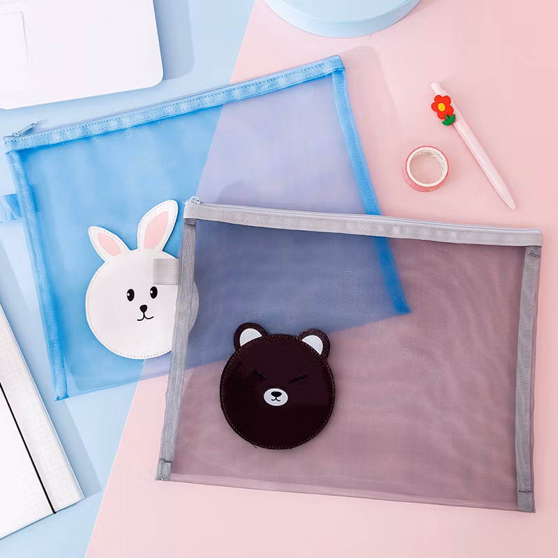 A4 Transparent Mesh File Bag Multifunctional Office Data Folder Student Cartoon Zipper Pencil Case