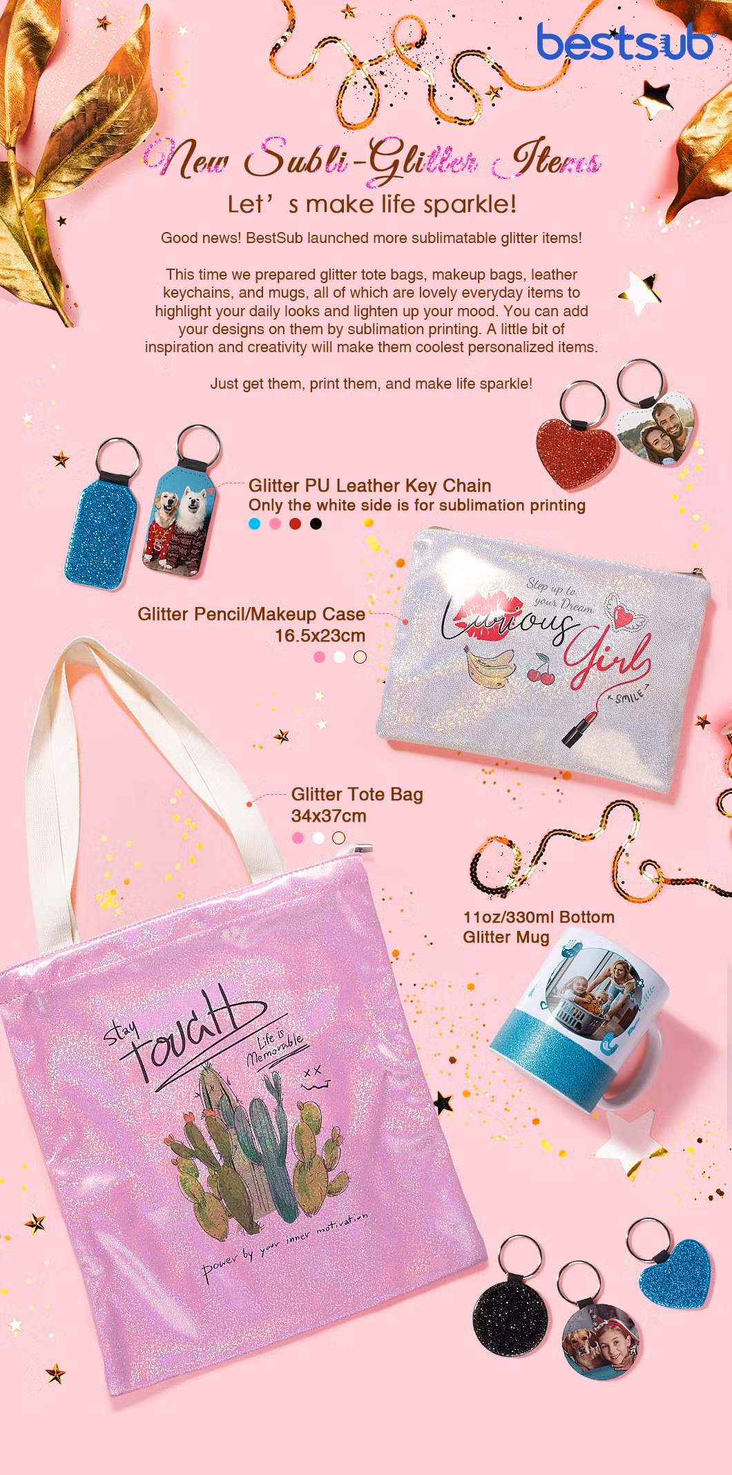 Bestsub Sublimation White Glitter Pencil/Makeup Case