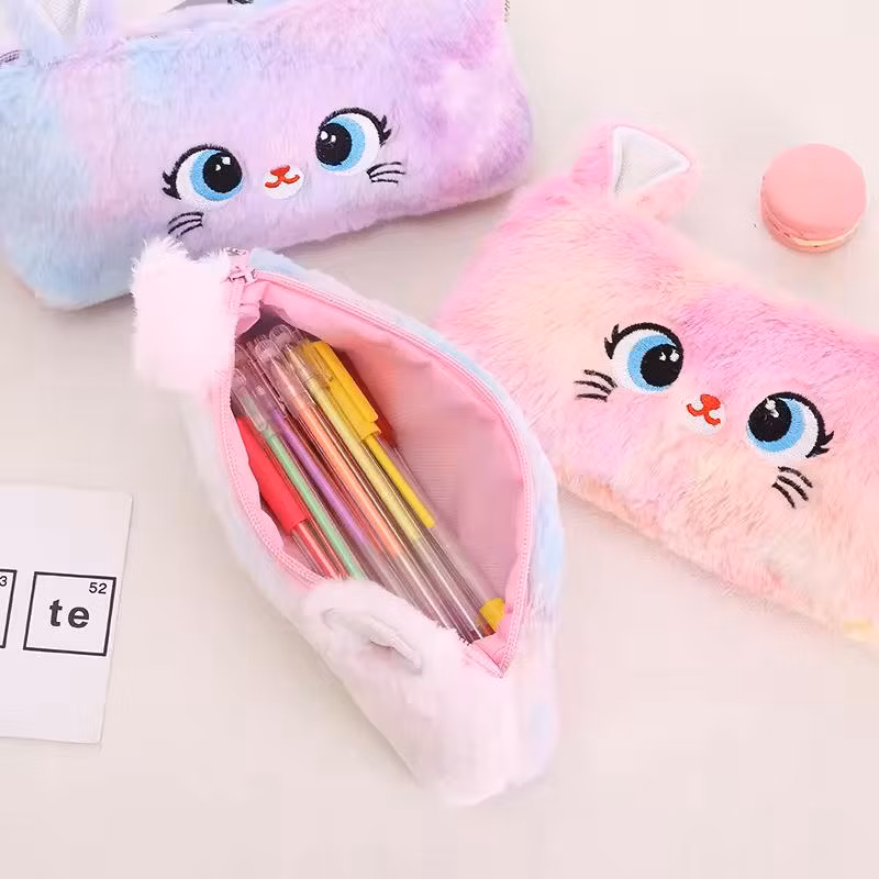 Kawaii Plush Cat Pencil Case for Kids Zipper Large Capacity Pencil Organizer