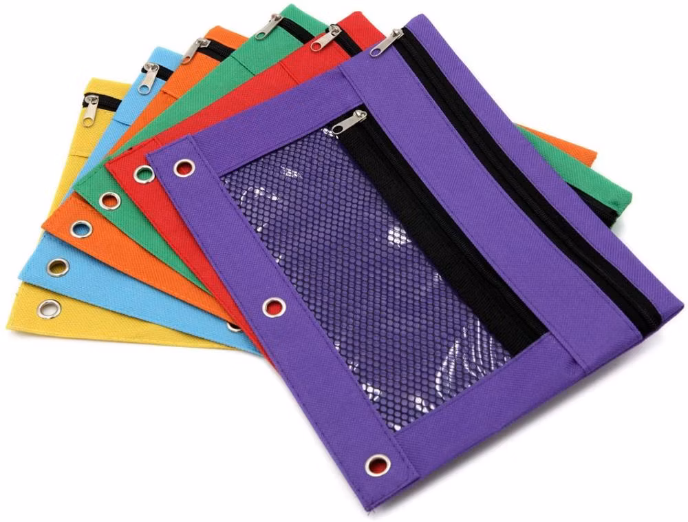 Binder Pencil Pouch Zipper Pencil Case Bag Utility Pouch Pen Bag with 3 Ring Double Pocket Mesh Window