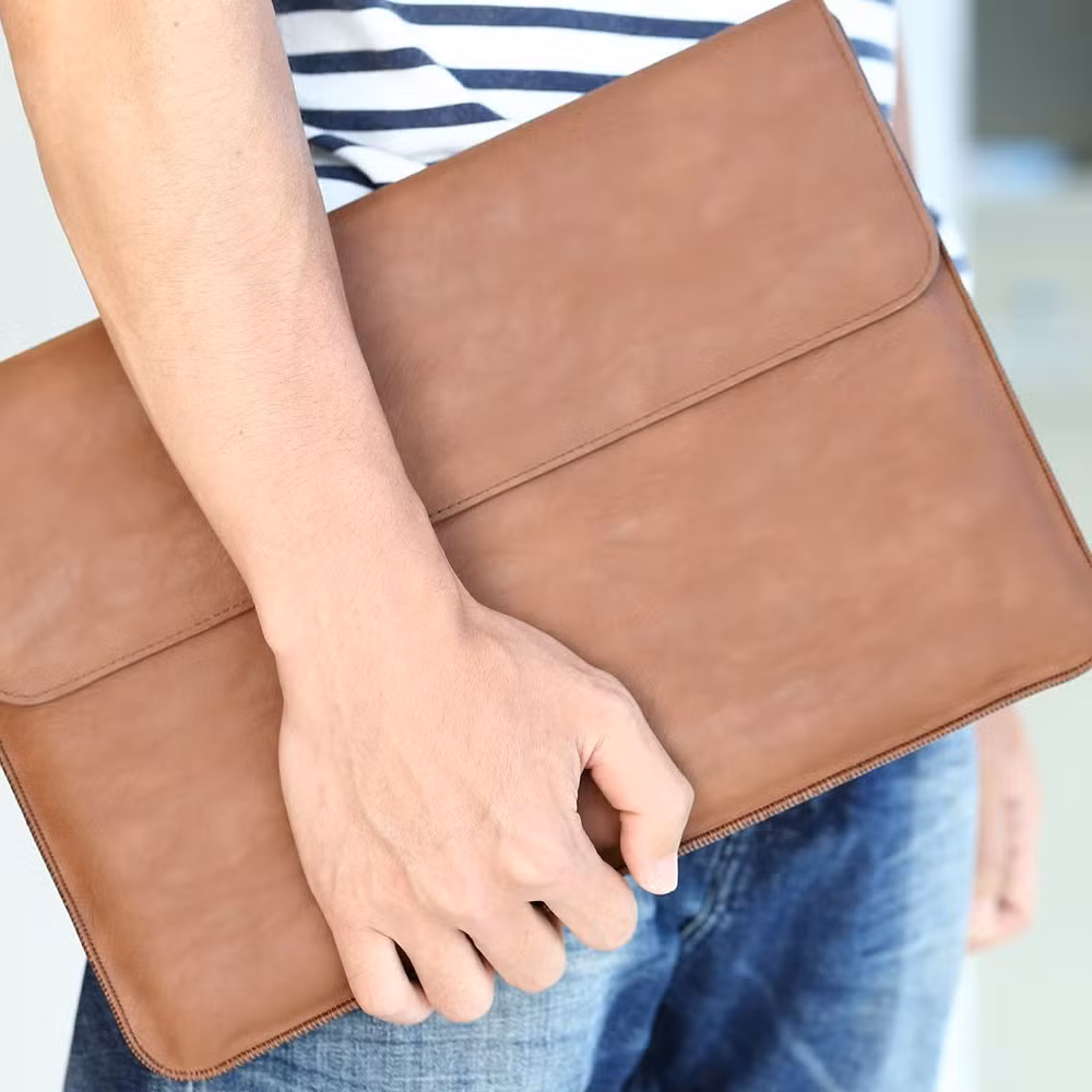 Brown Slim Daily Briefcase Portable Leather Document Bag Waterproof Laptop Cover Case