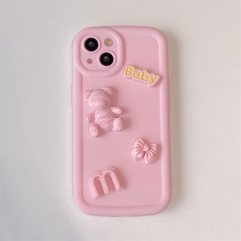 Cute Cartoon Solid Color Three-Dimensional Bear Suitable for iPhone 15 Mobile Phone Case