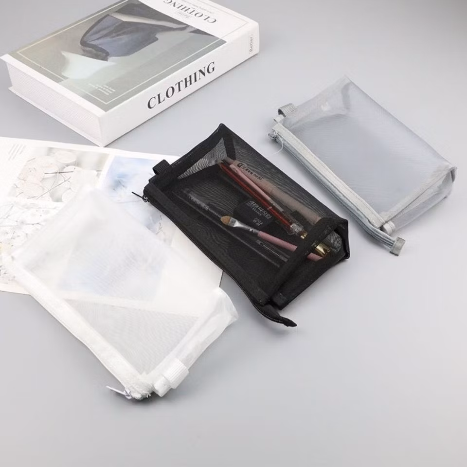Large Capacity Black Mesh Zipper Multi Functional Pencil Pen Pouch Bag