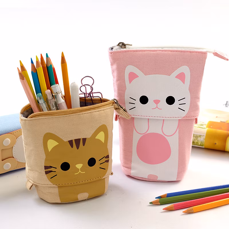 Standing Pencil Case for Girls, Boba Cat Pop up Cute Telescopic Pen Pouch Holder Canvas Zip Kawaii, Kids Students