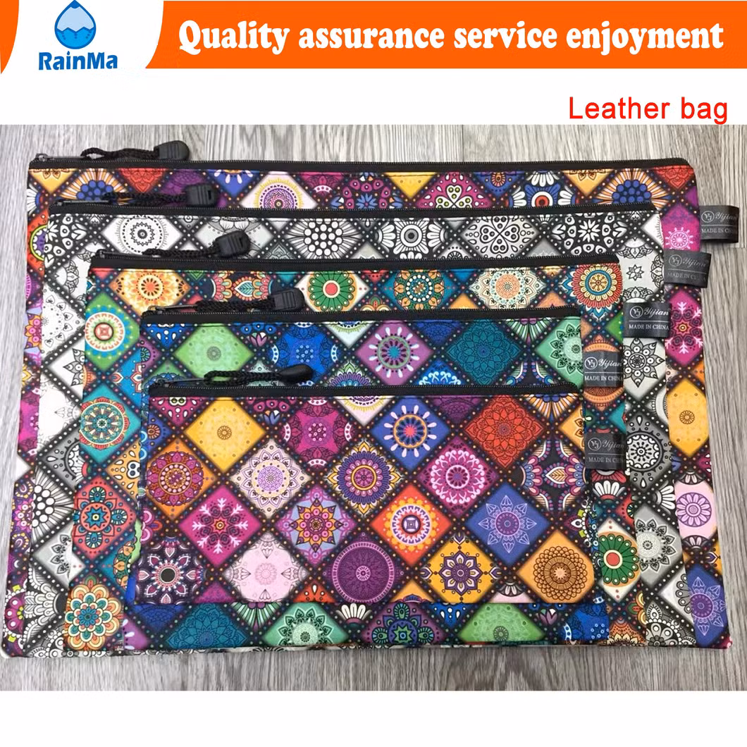 B4 A4 B5 A5 A6 Office School Leather Waterproof Zip Bag with Colorful Flowers Style