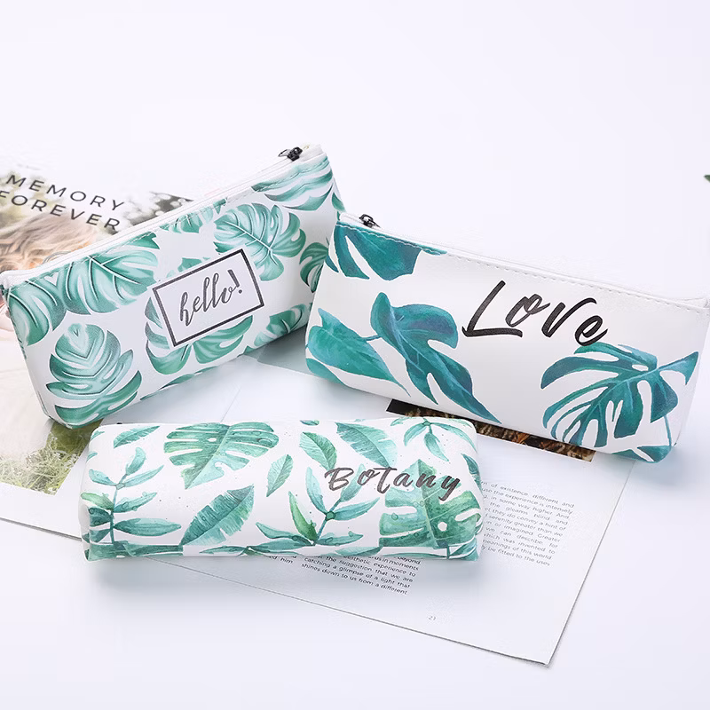 Fashion Office Stationery Bag Custom Leaves Pattern PU Leather Pencil Case