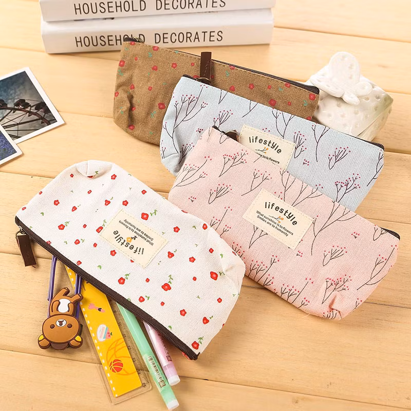 Cute Floral Flower Canvas Zipper Pencil Cases Lovely Cosmetic Bag