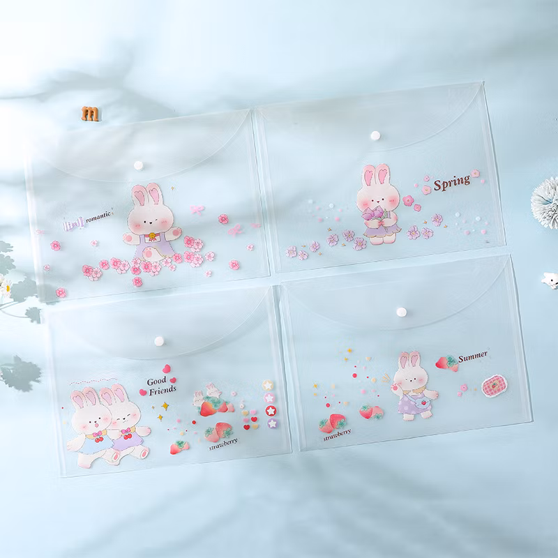 New Snap Button Translucent File Bag Kawaii Cute Storage File Bag Custom PVC Folder Pencil Case Bag