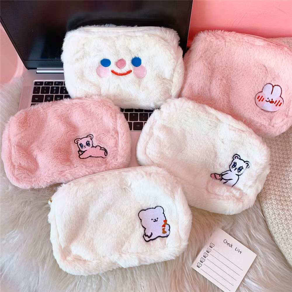 Promotional Flannel Zipper Kawaii Circular Pencil Bag Pencil Case for Office