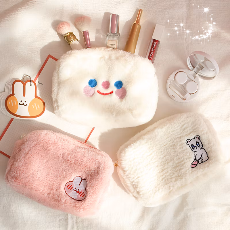 Promotional Flannel Zipper Kawaii Circular Pencil Bag Pencil Case for Office