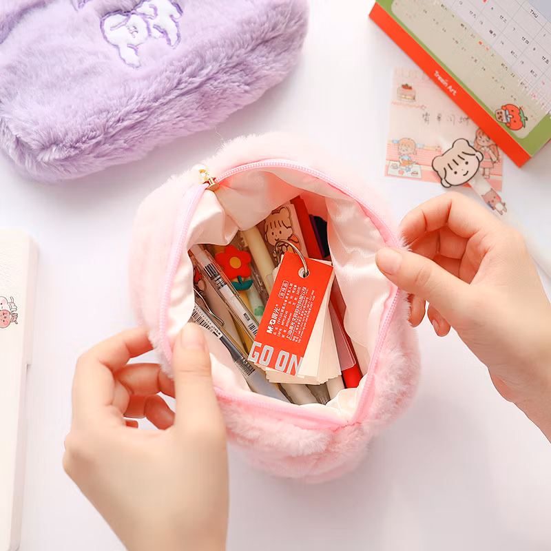 Promotional Flannel Zipper Kawaii Circular Pencil Bag Pencil Case for Office