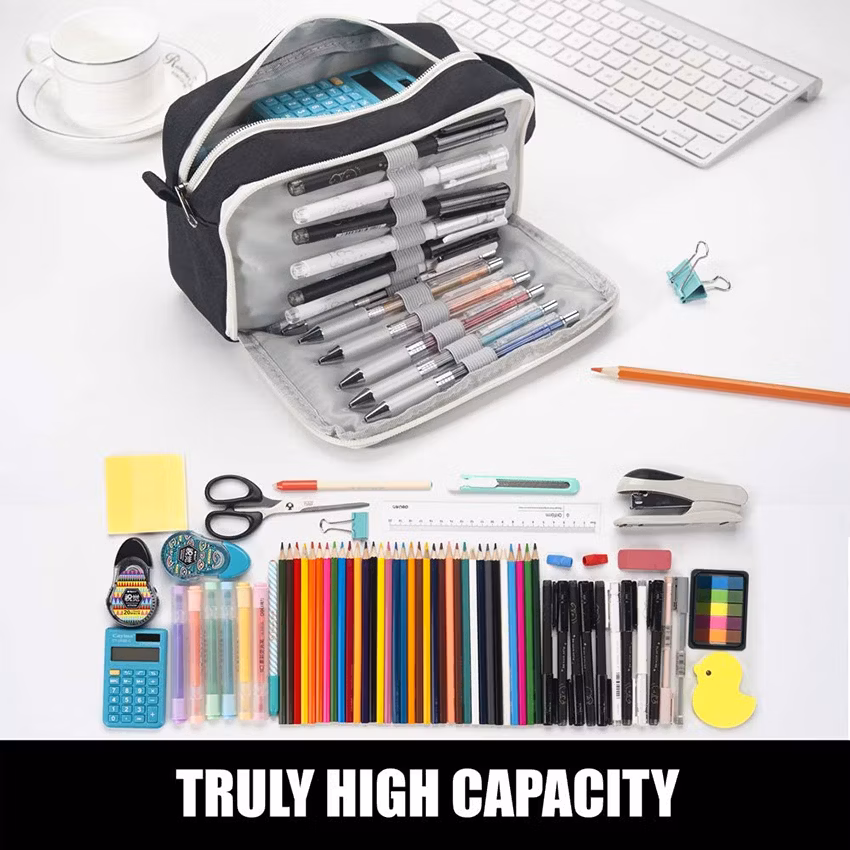 High Capacity Pen Case Black, Durable Pencil Bag Stationery Pouch Zipper, Portable Journaling Supplies with Easy Grip Handle & Loop, Asthetic Supply for Adults