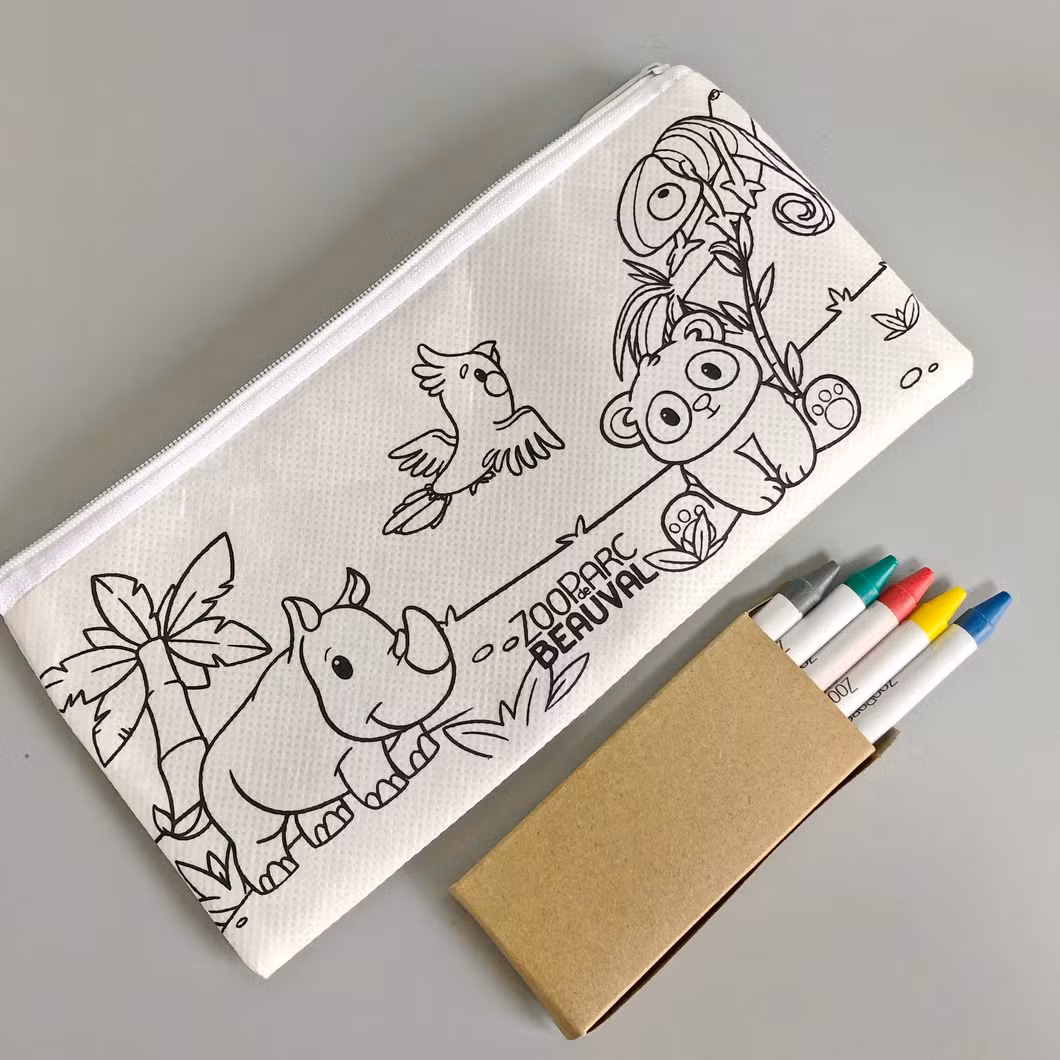 Children RPET DIY Drawing Coloring Zipper Pencil Case with 5 Color Crayon